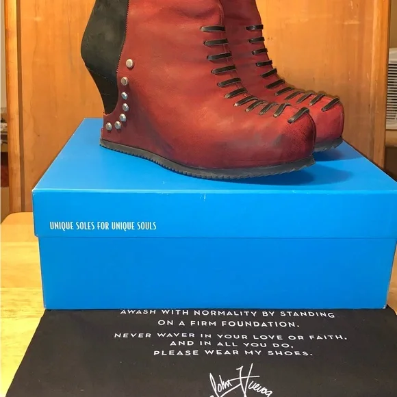 John Fluevog Red Conquer Maleika Studded Wedge Ankle Boots
